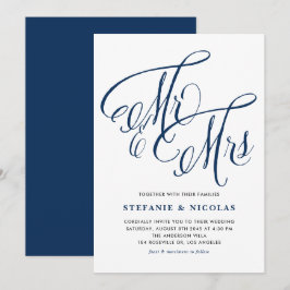 Navy Blue Mr. en Mrs. Rustic Calligraphy Trouwen Kaart