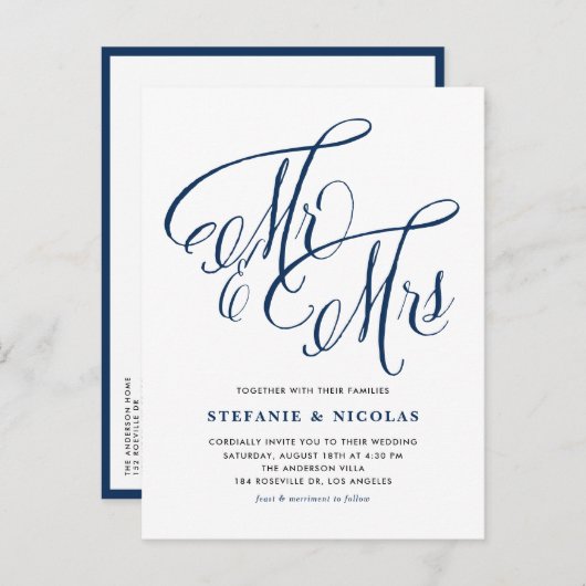 Navy Blue Mr. en Mrs. Rustic Calligraphy Trouwen Uitnodiging Briefkaart (Voorkant / Achterkant)