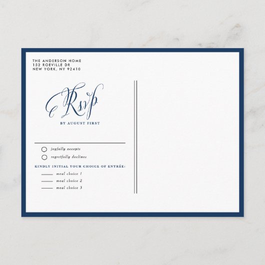 Navy Blue Mr. en Mrs. Rustic Calligraphy Trouwen Uitnodiging Briefkaart (Achterkant)