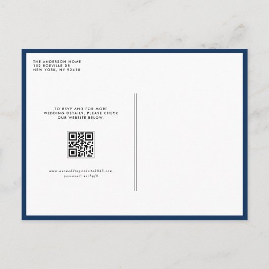 Navy Blue Mr en Mrs Rustic Script QR Code Wedding Uitnodiging Briefkaart (Achterkant)