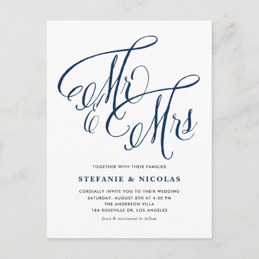 Navy Blue Mr en Mrs Rustic Script QR Code Wedding Uitnodiging Briefkaart (Voorkant)