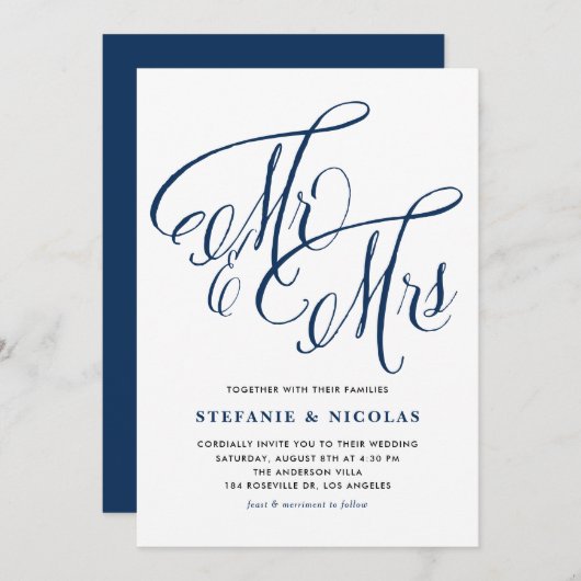 Navy Blue Mrs. en Mrs. Rustic Script Wedding Kaart (Voorkant / Achterkant)