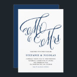 Navy Blue Mrs. en Mrs. Rustic Script Wedding Kaart<br><div class="desc">Nodig familie en vrienden uit voor uw bruiloft met deze aanpasbare uitnodiging, met de uitdrukking "Mr & Mrs" in rustiek schrift. Het is ideaal voor koppels die een rustiek, of op het land geïnspireerd feest plannen. Deze uitnodiging kan volledig worden gepersonaliseerd om uw namen, trouwdatum, locatiegegevens en eventuele aanvullende informatie...</div>