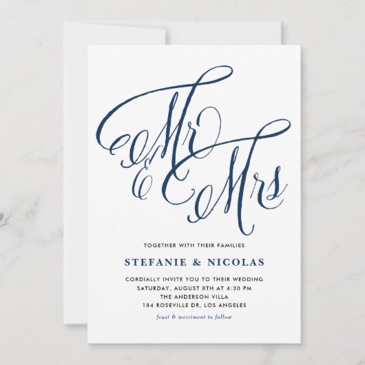 Navy Blue Mrs. & Mrs. Rustic Script QR Code Weddin Kaart (Voorkant)