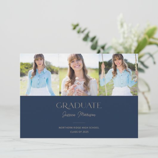 Navy Blue Multi Photo Modern Graduparty Kaart (Staand voorkant)