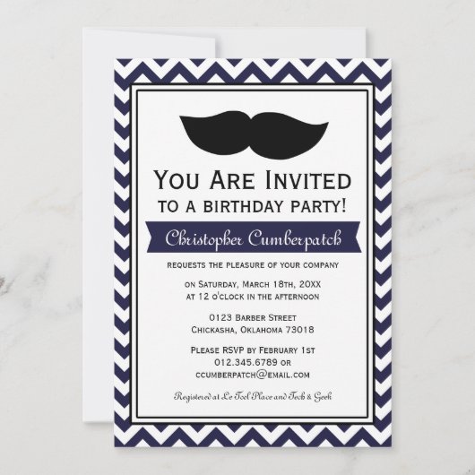 Navy Blue Mustache Chevron Birthday Party Kaart (Voorkant)