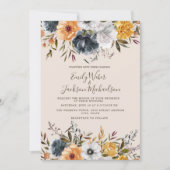 Navy Blue Mustard Yellow Floral Greenery Wedding Kaart (Voorkant)