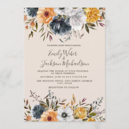 Navy Blue Mustard Yellow Floral Greenery Wedding Kaart