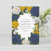 Navy Blue, Mustard Yellow & White Floral Wedding Kaart (Staand voorkant)