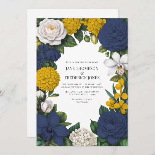 Navy Blue, Mustard Yellow & White Floral Wedding Kaart (Voorkant / Achterkant)