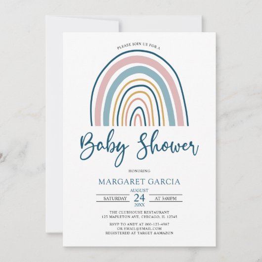 Navy Blue Muted Tones Boho Rainbow Baby shower Kaart (Voorkant)