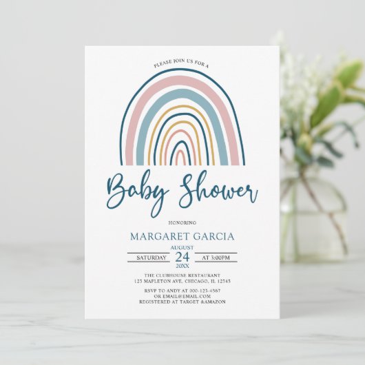 Navy Blue Muted Tones Boho Rainbow Baby shower Kaart (Staand voorkant)