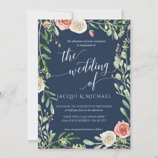 Navy Blue N Blush Bloemen Huwelijk Roos Blad Blad  Kaart (Voorkant)