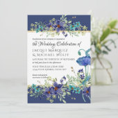 Navy Blue n Gold Waterverf Poppy Floral Wedding Kaart (Staand voorkant)