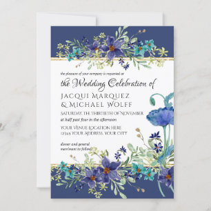 Navy Blue n Gold Waterverf Poppy Floral Wedding Kaart