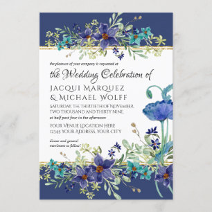 Navy Blue n Gold Waterverf Poppy Floral Wedding Kaart