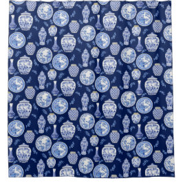 Navy Blue n White Chinoiserie Asian Floral Douchegordijn
