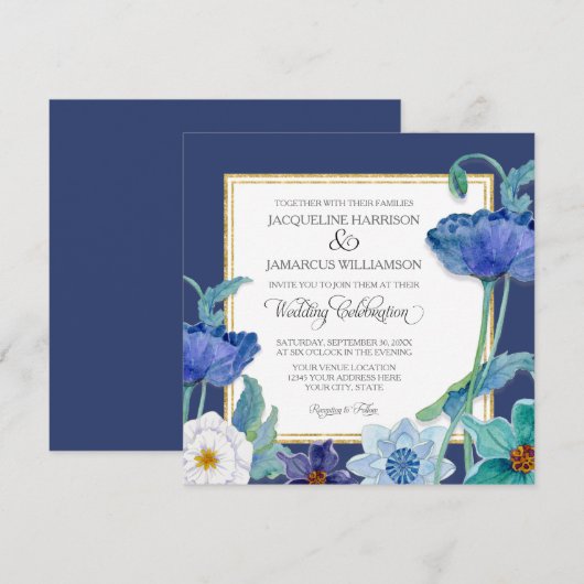 Navy Blue n Witte Waterverf Poppy Art Deco Floral Kaart (Voorkant / Achterkant)