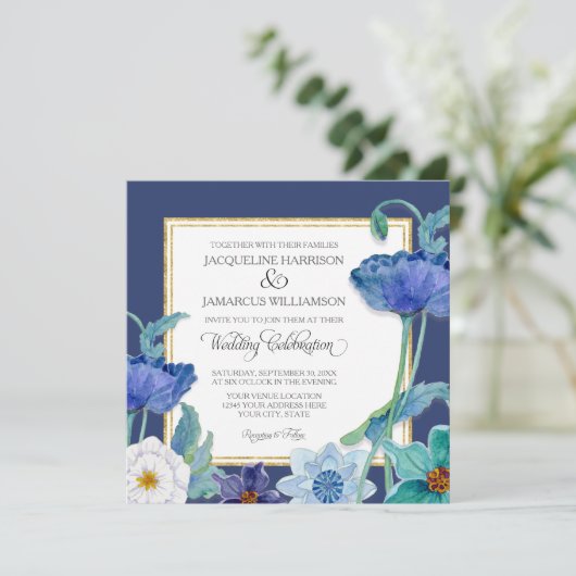 Navy Blue n Witte Waterverf Poppy Art Deco Floral Kaart (Staand voorkant)