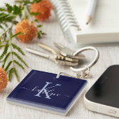 Navy Blue Naam Initiaal Monogram Sleutelhanger (Voorkant Rechts)