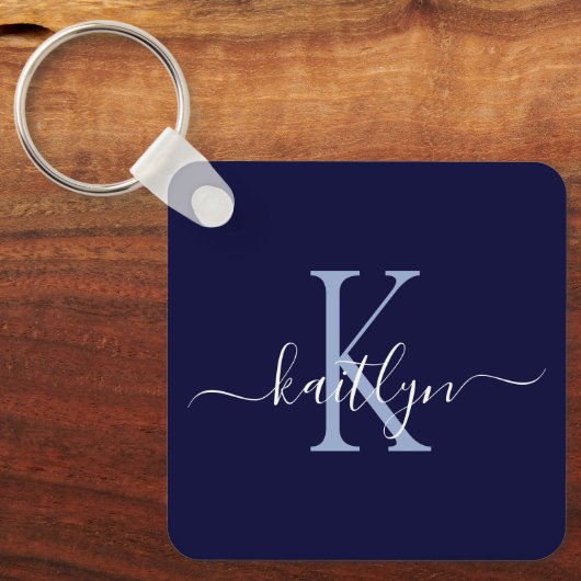 Navy Blue Name Initiaal Monogram Sleutelhanger (Voorkant)