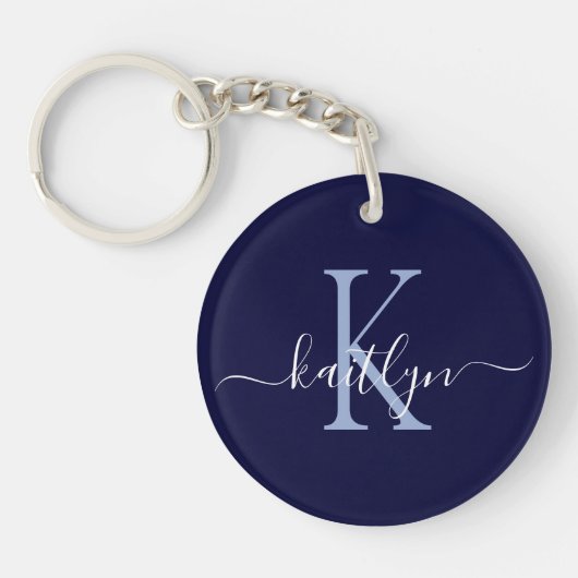 Navy Blue Name Initiaal Monogram Sleutelhanger (Voorkant)