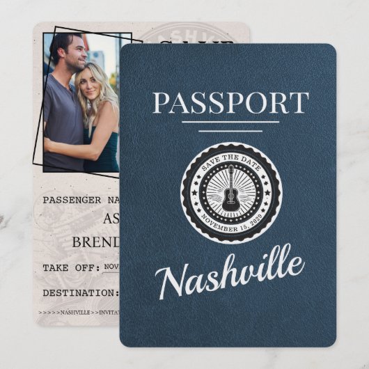 Navy Blue Nashville Passport Bewaar de datum Save The Date (Voorkant / Achterkant)