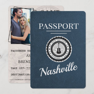 Navy Blue Nashville Passport Bewaar de datum Save The Date