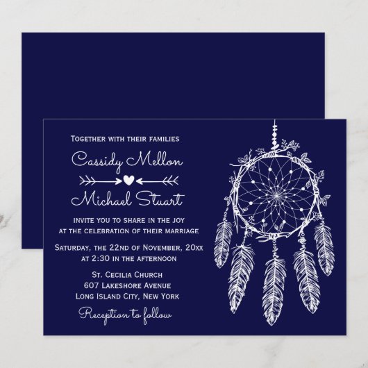 Navy Blue Native American Dream Catcher Wedding Kaart (Voorkant / Achterkant)