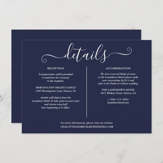 Navy Blue Nautcial Bruiloft Details Informatie Kaart (Voorkant / Achterkant)