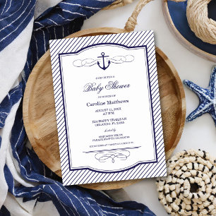 Navy Blue Nautical Anchor and Stripes Baby shower Kaart