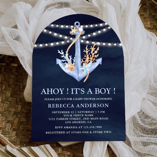Navy Blue Nautical Anchor Arch Baby shower Kaart