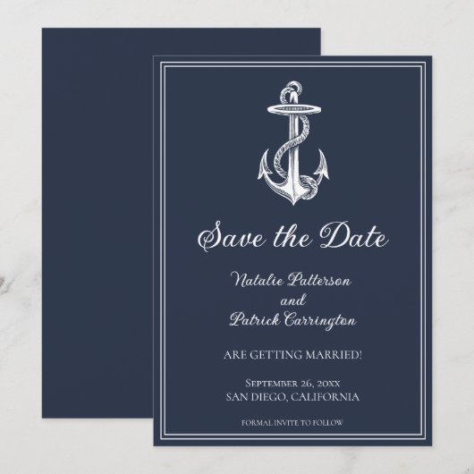 Navy Blue Nautical Anchor Bewaar de datum Kaart (Voorkant / Achterkant)