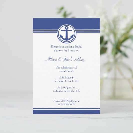 Navy Blue Nautical Anchor Bridal Shower Kaart (Staand voorkant)