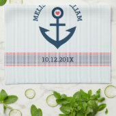Navy Blue Nautical Anchor & Decorative Stripes Theedoek (Gevouwen)