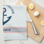 Navy Blue Nautical Anchor & Decorative Stripes Theedoek (Quarter Fold)