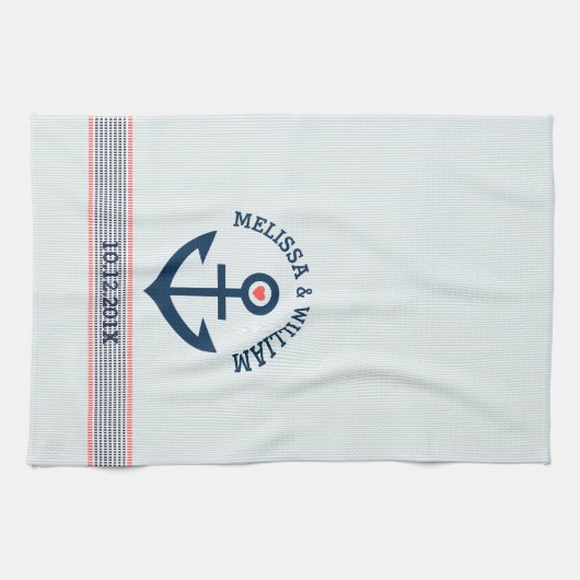 Navy Blue Nautical Anchor & Decorative Stripes Theedoek (Horizontaal)