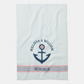 Navy Blue Nautical Anchor & Decorative Stripes Theedoek (Verticaal)
