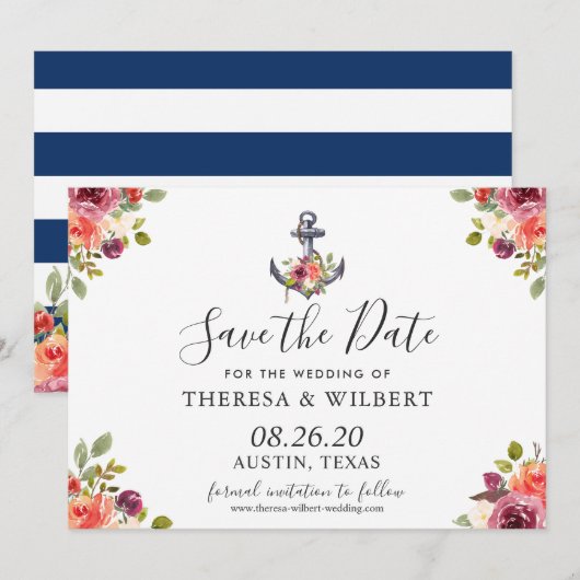 Navy Blue Nautical Anchor Floral Save the Date (Voorkant / Achterkant)
