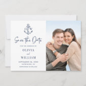 Navy Blue Nautical Anchor Monogram Weddenfoto Save The Date (Voorkant)
