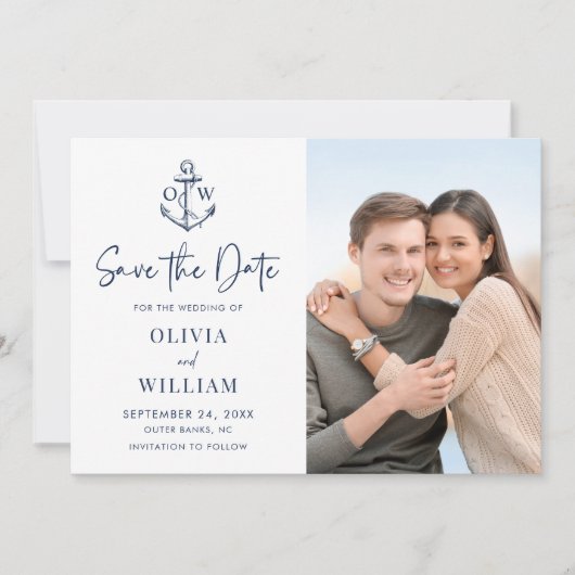 Navy Blue Nautical Anchor Monogram Weddenfoto Save The Date (Voorkant)