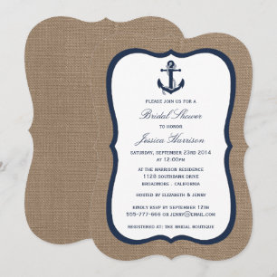 Navy Blue Nautical Anchor on Burlap Vrijgezellenfe Kaart