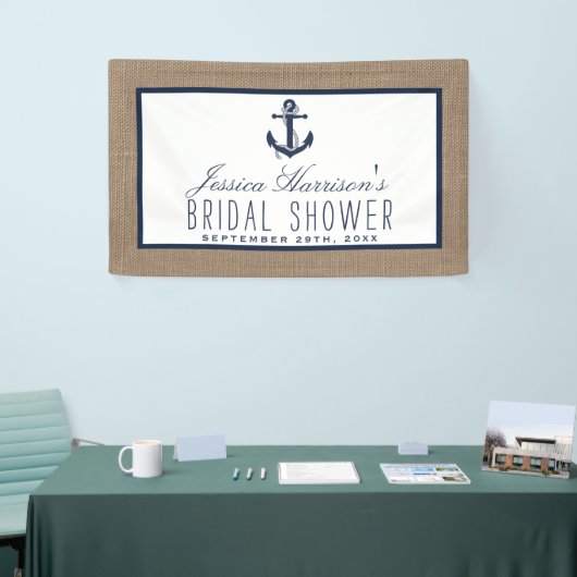 Navy Blue Nautical Anchor on Burlap Vrijgezellenfe Spandoek (Beurs)