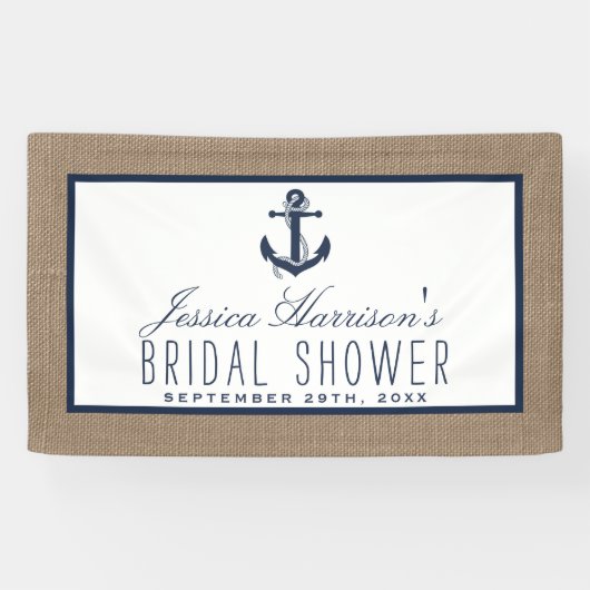 Navy Blue Nautical Anchor on Burlap Vrijgezellenfe Spandoek (Horizontaal)