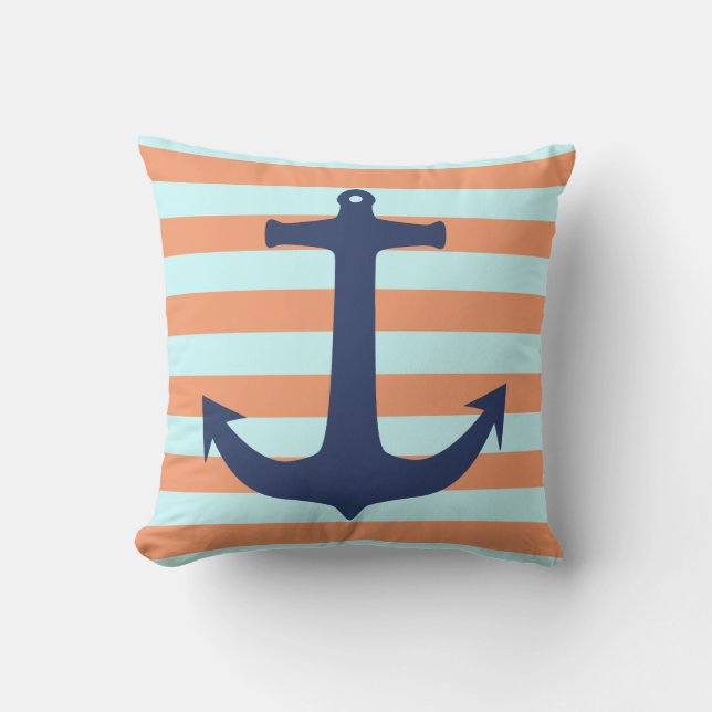 Navy Blue Nautical Anchor Oranje Mint Blue Stripes Kussen (Voorkant)