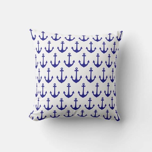 Navy Blue Nautical Anchor Pattern Buitenkussen (Voorkant)