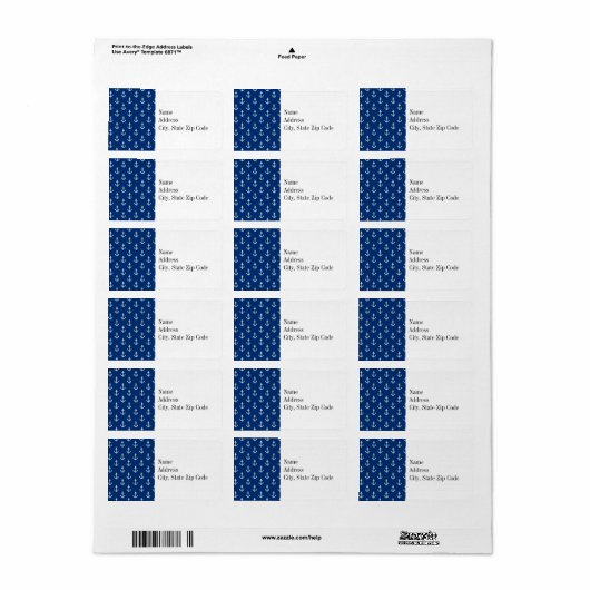 Navy Blue Nautical Anchor Pattern Etiket (Full Sheet)
