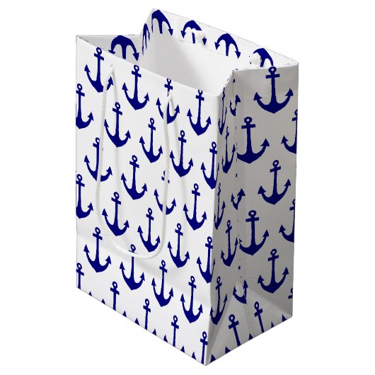 Navy Blue Nautical Anchor Pattern Medium Cadeauzakje (Voorkant Gekanteld)