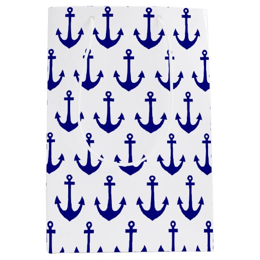 Navy Blue Nautical Anchor Pattern Medium Cadeauzakje (Voorkant)