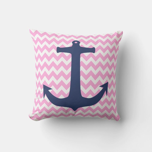 Navy Blue Nautical Anchor Pink White Chevron Kussen (Voorkant)